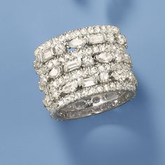 Ross-Simons - 7.80ct t. w. Multi-Shaped Cubic Zirconia Multi-Row Eternity Band Ring in Silver. Size 10. Rows upon rows of shimmer and sparkle! This beautiful eternity-style ring features alternating bands of 7.80 ct. t. w. round, baguette and pear-shaped CZs set in polished sterling silver. 5/8" wide. CZ multi-row eternity band. CZ weights are diamond equivalents. Baguette, Wide Diamond Bands, Wide Wedding Rings, Gold Toe Rings, Curved Bar Necklace, Stackable Wedding Bands, Shiny Objects, Circle Pendant Necklace, Right Hand Rings