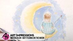 a drawing of a child sitting on the moon holding a fishing rod and looking up at the sky