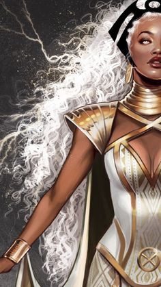 a woman dressed in gold and white with her hands on her hips, standing next to lightning