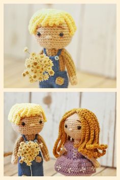 crocheted doll with blonde hair and blue overalls holding flowers in her hands