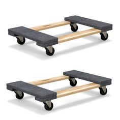 two black dollys with wooden handles and wheels on each side, one being used as a bench