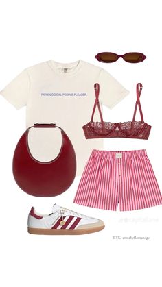 a woman wearing red and white striped shorts, a t - shirt, sunglasses and a handbag