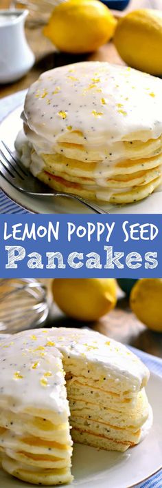 lemon poppy seed pancakes with icing on a plate