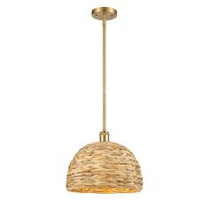 a light fixture with a woven shade on the bottom and an attached cord to it