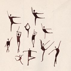 the silhouettes of people are dancing in different poses and positions, with one person doing an acrobatic move