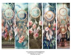 three pictures of dream catchers with flowers and feathers on them, one is pink roses