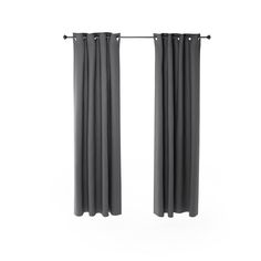 two black curtains hanging on the side of a white wall