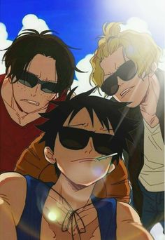 three young men wearing sunglasses and one is looking at the camera