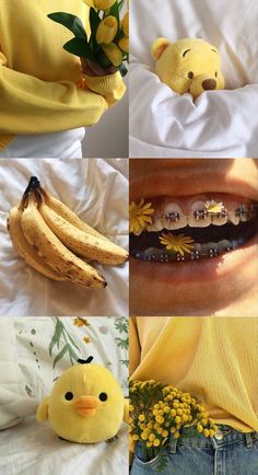 four different pictures with bananas, flowers and a stuffed animal in the middle one has a smile on it's face