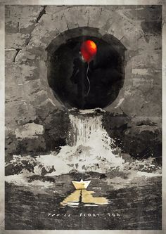 a red balloon floating in the air over water next to a stone wall with a star on it