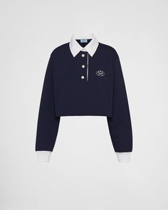 Navy Jersey polo shirt | PRADA High Fashion, Creative T Shirt Design, Classic Menswear, Poplin Shirt, Jersey Top, Knit Cuff, Shirt Collar, Knit Jersey, Fashion Inspo Outfits