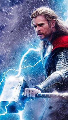 the avengers movie poster with thor is holding an ax in his hand and lightning behind him