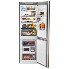 an open refrigerator freezer with its doors wide open and food in the bottom drawer