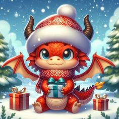 a cute red dragon holding a gift box in the snow with christmas trees behind it