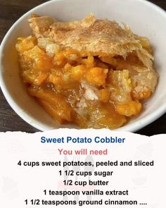 a recipe for sweet potato cobbler in a white bowl on top of a wooden table