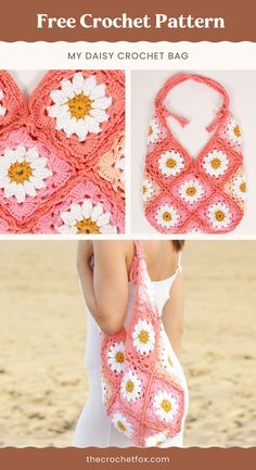 the crochet bag is made with daisy petals and has a large white flower on it