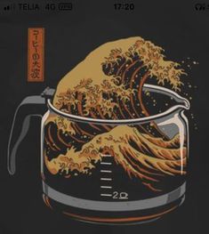 an image of a tea pot with the great wave coming out of it in japanese