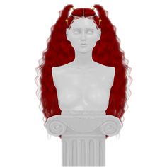 a white mannequin with red hair and horns on it's head stands in front of a white background