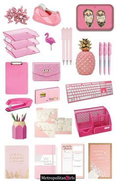 pink and gold items are arranged on a white background with text that reads, ` `