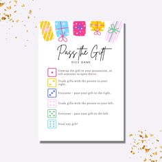 a gift card with presents and confetti on it