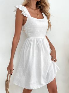 White Boho  Cap Sleeve Polyester Plain A Line Embellished Non-Stretch Summer Women Dresses White Southern Dress, Simple White Dress For Graduation, White Dresses For Women Casual, White Conformation Dresses, Pretty Sun Dresses, White Sun Dress Short, Simple White Dress Casual, White Beach Dress Short, Simple Graduation Dresses