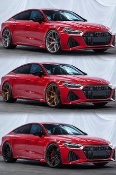 three different views of the front and back of a red car with gold rims