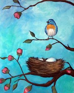 a painting of a bird and its nest on a tree branch