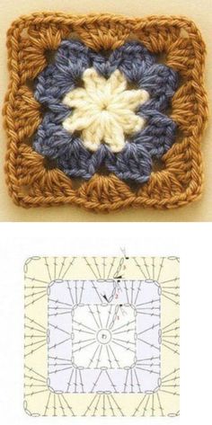 crocheted square with an image of a flower in the middle and another photo of a