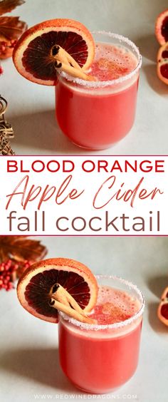 blood orange and apple cider fall cocktail is garnished with an orange slice