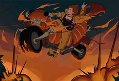 a woman riding on the back of a red car in front of an orange fire