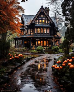 a house with lots of pumpkins in the front yard and water running through it