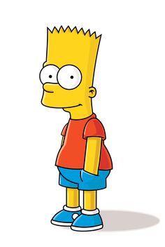 the simpsons character is wearing blue shorts and a red shirt