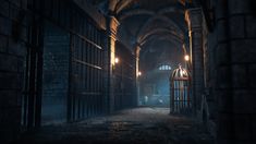 a dark hallway with barred iron bars and lights