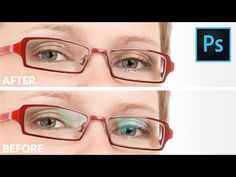 the before and after photoshopped image of a woman's eye wearing glasses