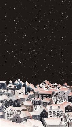 an illustration of a snowy town with houses and trees in the foreground, against a night sky filled with stars