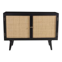 a black cabinet with two doors and wicker panels on the front, against a white background