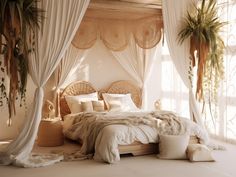 a bed with white sheets and pillows in a room that has curtains on both sides