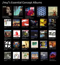 an image of many different album covers on a black background with the words'nnuy's essential concept albums