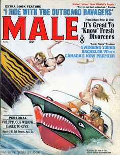 an old magazine cover with two men riding in a speedboat and a woman on the boat