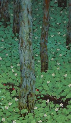 a painting of trees and flowers in the woods with green leaves on the ground below