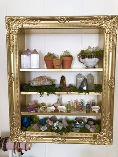 a gold framed shelf filled with plants and rocks