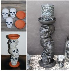 there are three different pictures with skulls on them and one has a candle in it