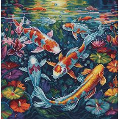 the cross stitch pattern shows two koi fish swimming in water