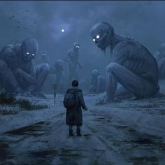 a man standing in the middle of a road surrounded by creepy looking zombies and glowing eyes