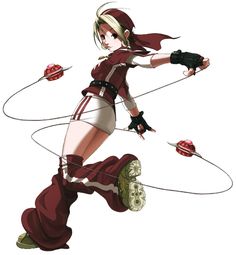 an anime character is running while holding a bow and arrow in one hand as she holds a plate with food on it