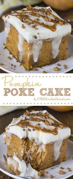 pumpkin poke cake with frosting and pecans on the top is cut in half