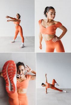 a woman in an orange sports bra top and leggings is doing yoga exercises