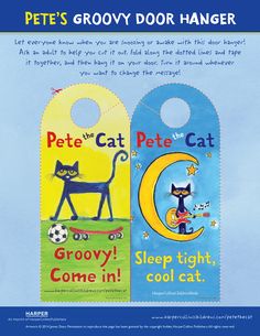 two door hangers with cats on them, one is blue and the other is yellow