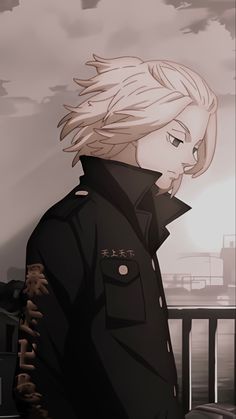 an anime character with blonde hair standing in front of a cloudy sky and looking at the camera