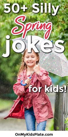 A girl holds an umbrella while smiling with text title overlay Spring Puns, Rain Puns, Rain Jokes, Gardening Jokes, Weather Jokes